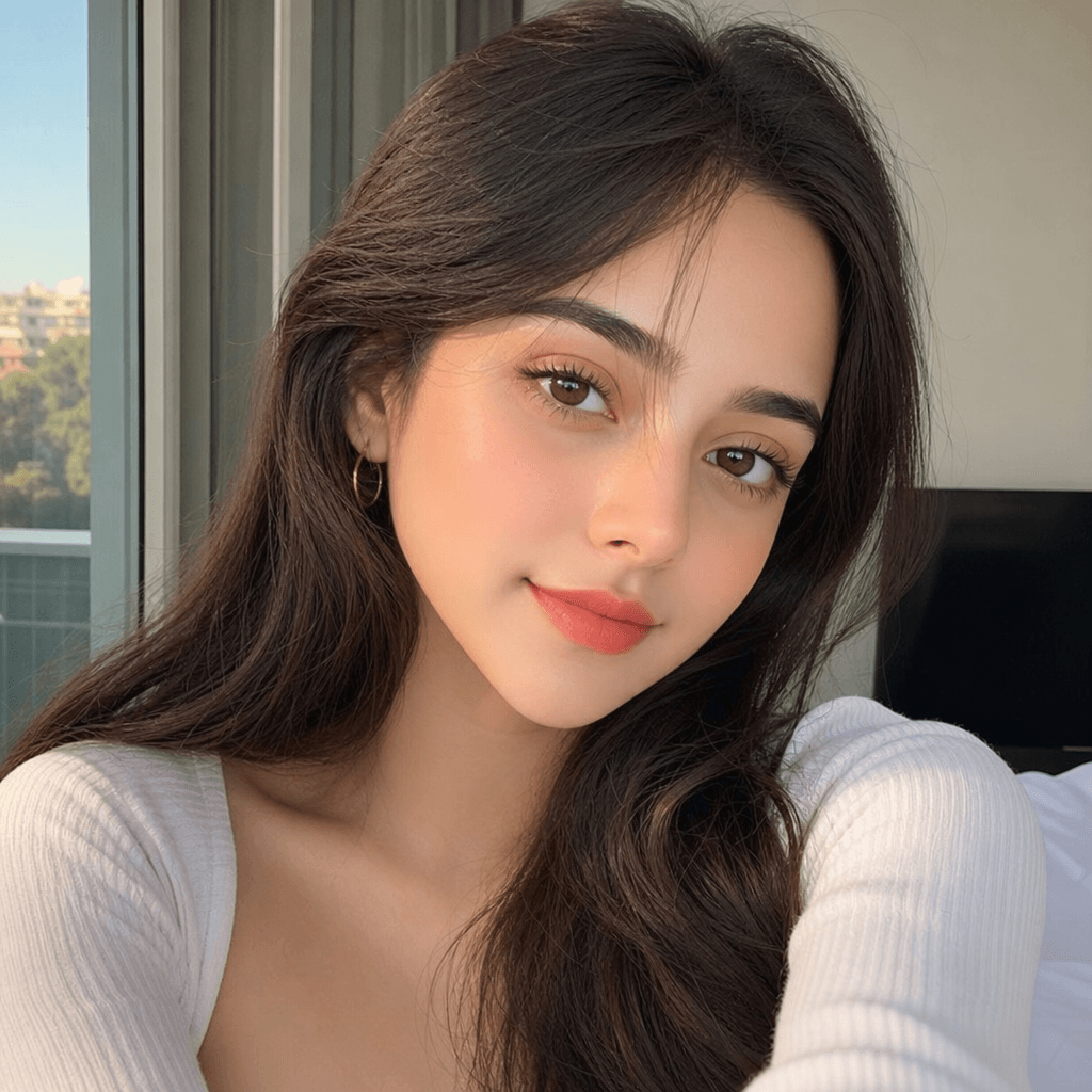 Selfie transformed with professional glass skin beauty effect, smooth skin texture, trendy makeup, social media ready qu
