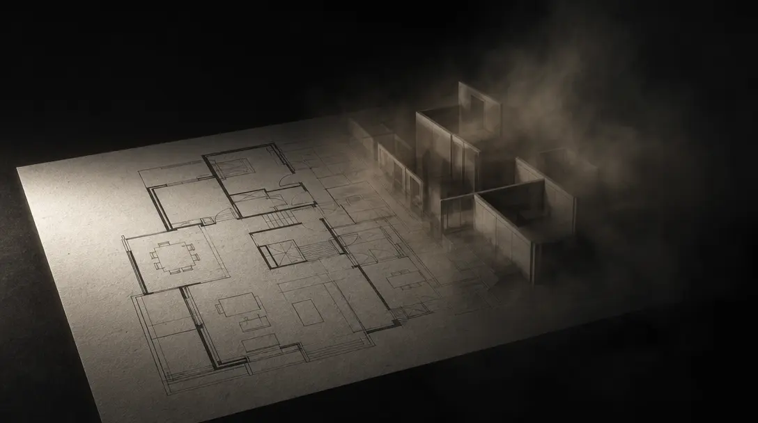 Abstract editorial composition: a 2D architectural floor plan printed on heavy uncoated drafting paper, lit by a single