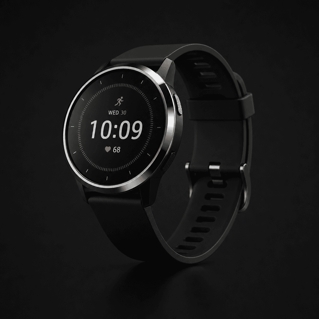 Sleek black fitness watch with polished chrome accent bezel rotating on dark studio backdrop, animated from face to side