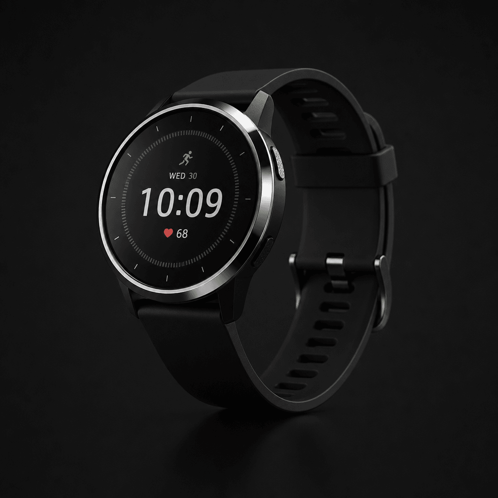 Sleek black fitness watch with polished chrome accent bezel rotating on dark studio backdrop, animated from face to side