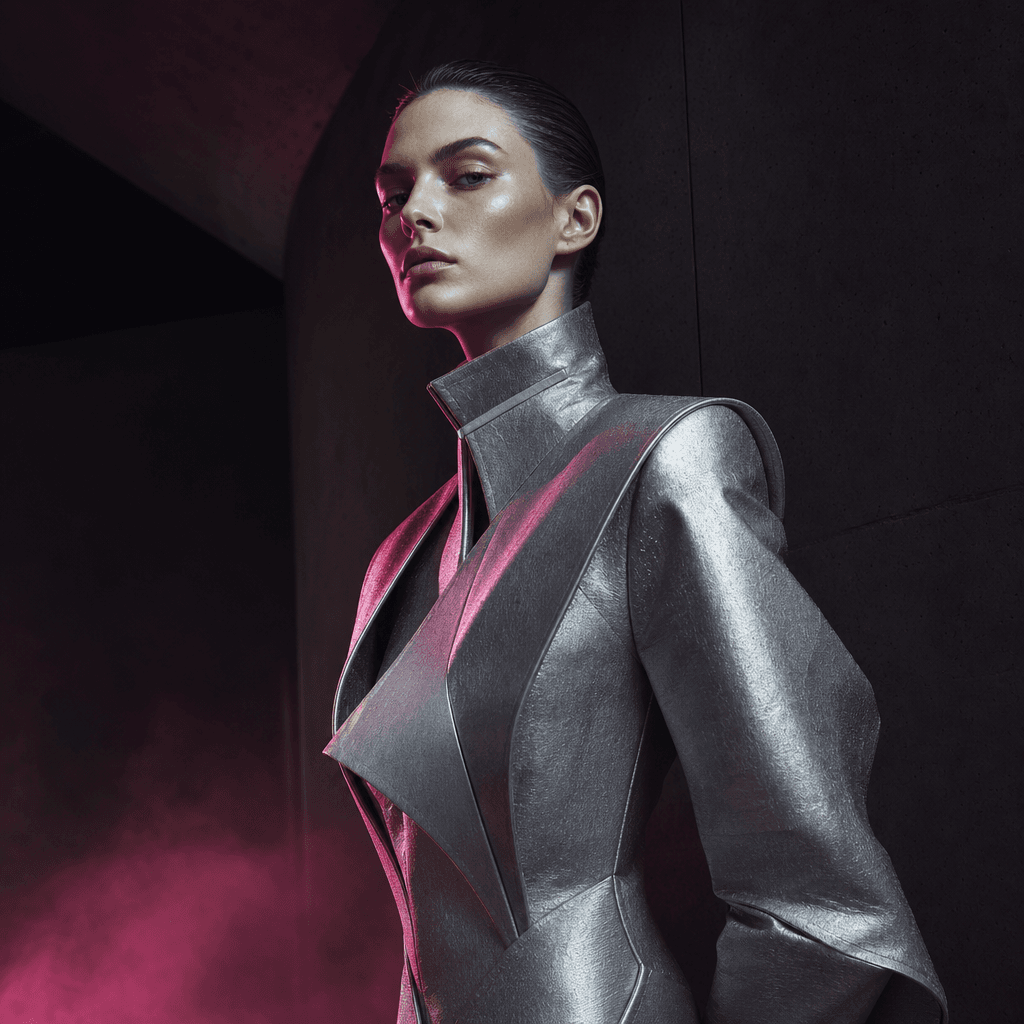 A fictional futuristic fashion character in a structured silver coat, photographed against a near-black architectural ba
