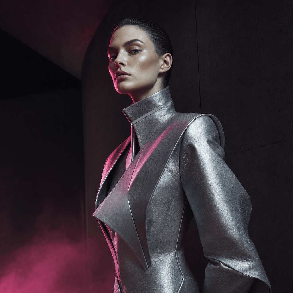 A fictional futuristic fashion character in a structured silver coat, photographed against a near-black architectural ba