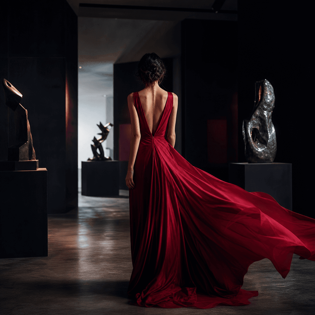 An anonymous person in a flowing crimson evening dress standing inside a shadowy modern gallery, fabric catching a gentl