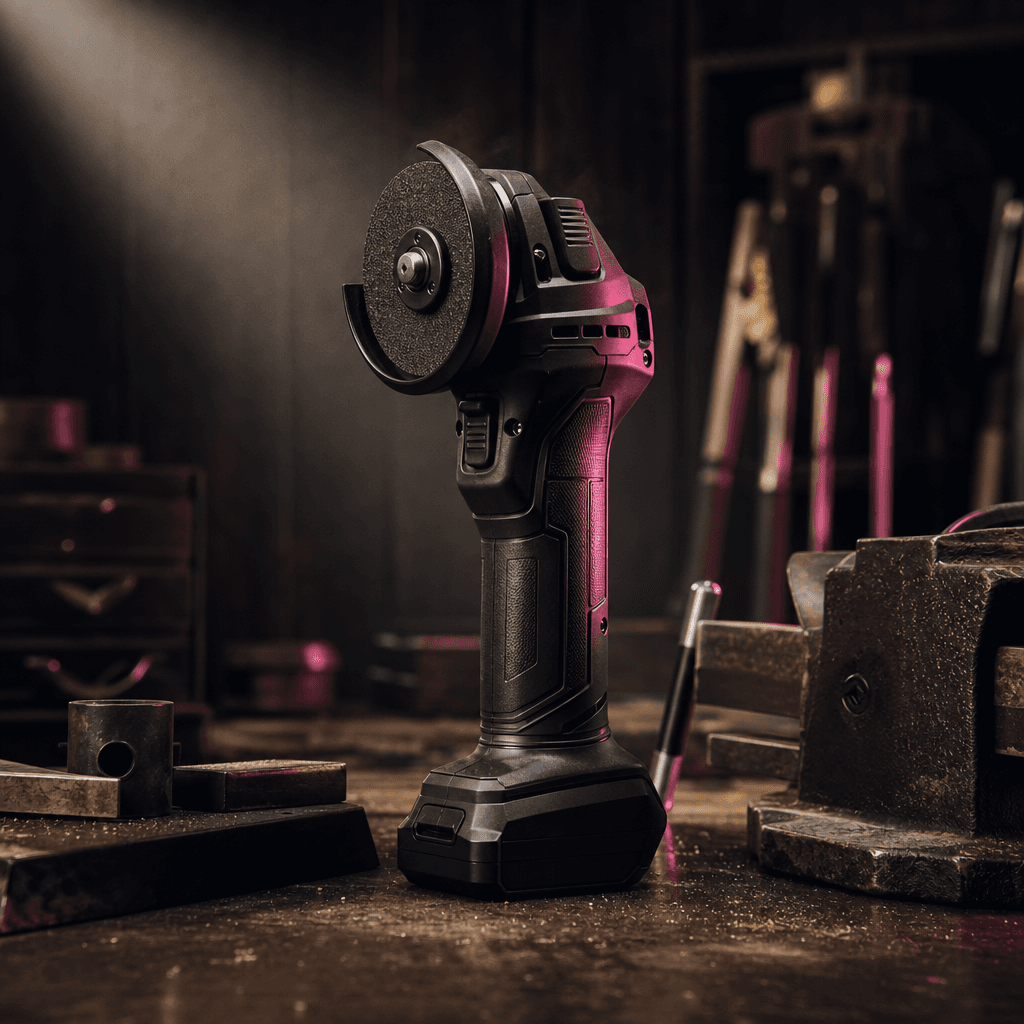 A compact cordless power tool placed in a sophisticated workshop lifestyle scene, dark wood, machined metal, and fine du