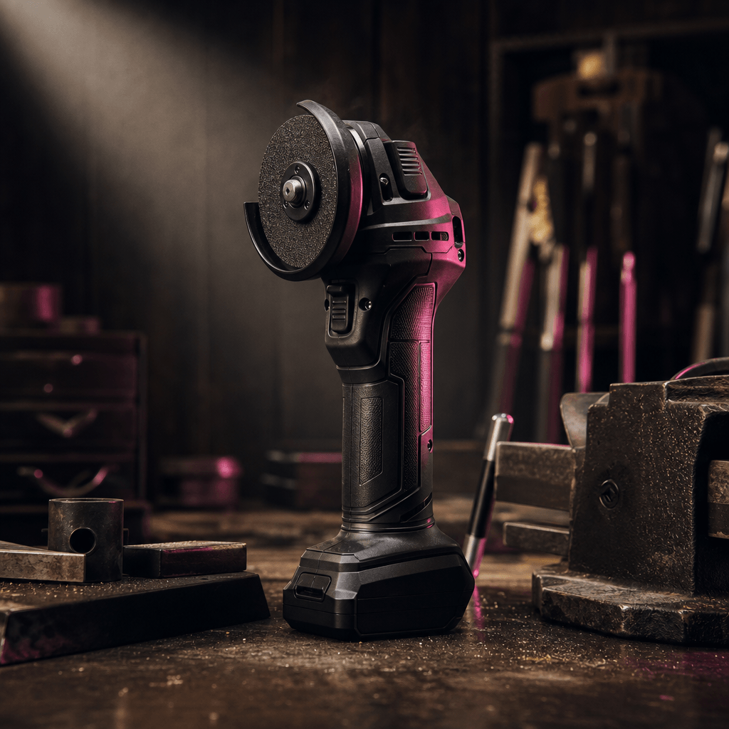A compact cordless power tool placed in a sophisticated workshop lifestyle scene, dark wood, machined metal, and fine du