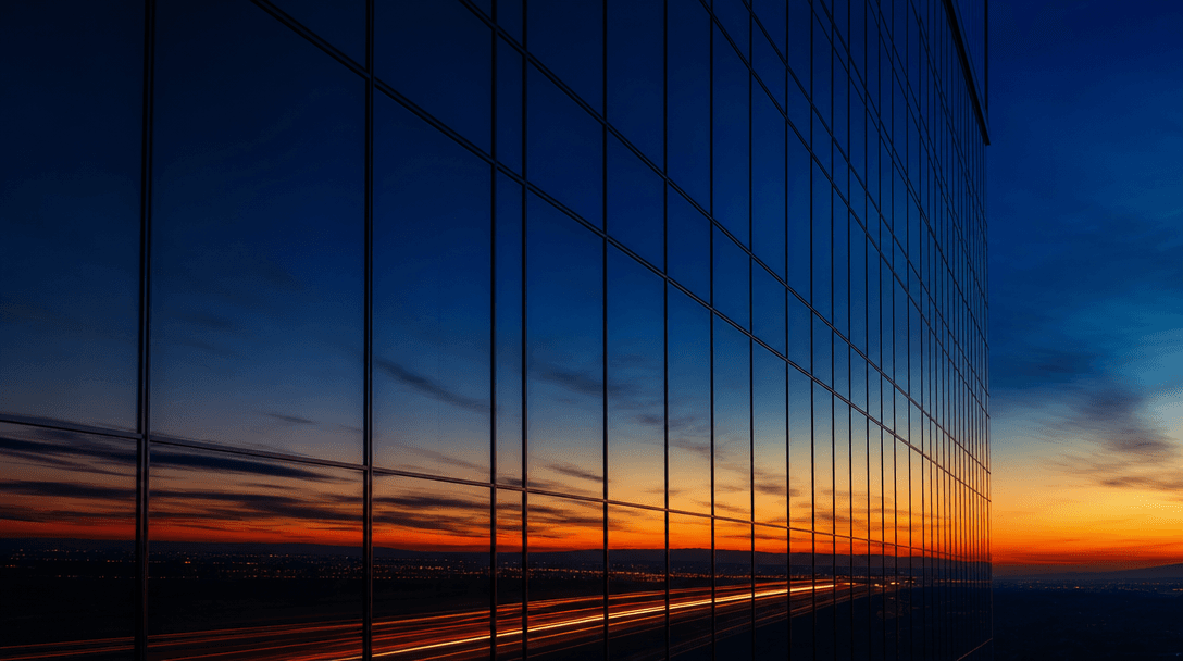 Abstract: floor-to-ceiling glass facade panel reflecting a sky gradient shifting from warm amber at the base to deep cob