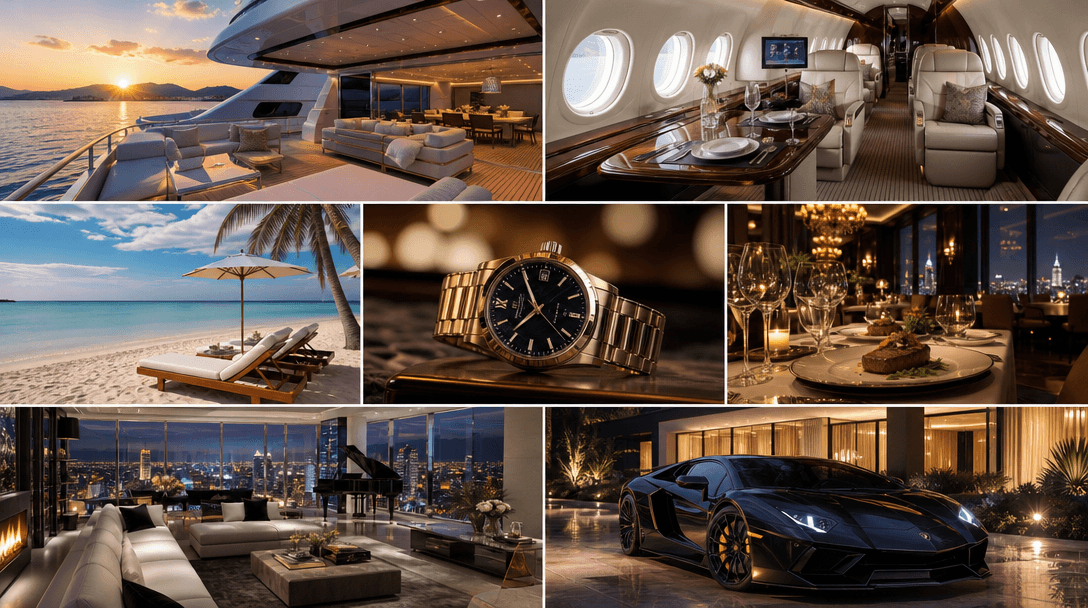 Rapid montage of different luxury settings: yacht deck, private jet interior, beach scene, restaurant, penthouse. Quick