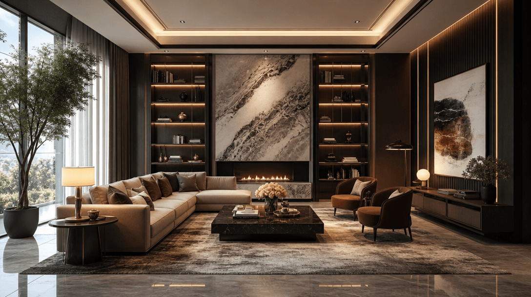 Luxury interior room visualization with sophisticated color coordination, professional styling, quality furnishings, acc