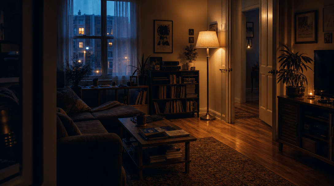 Interior of a cozy apartment at dusk — a single warm floor lamp pooling amber light on hardwood floors, sheer curtain di