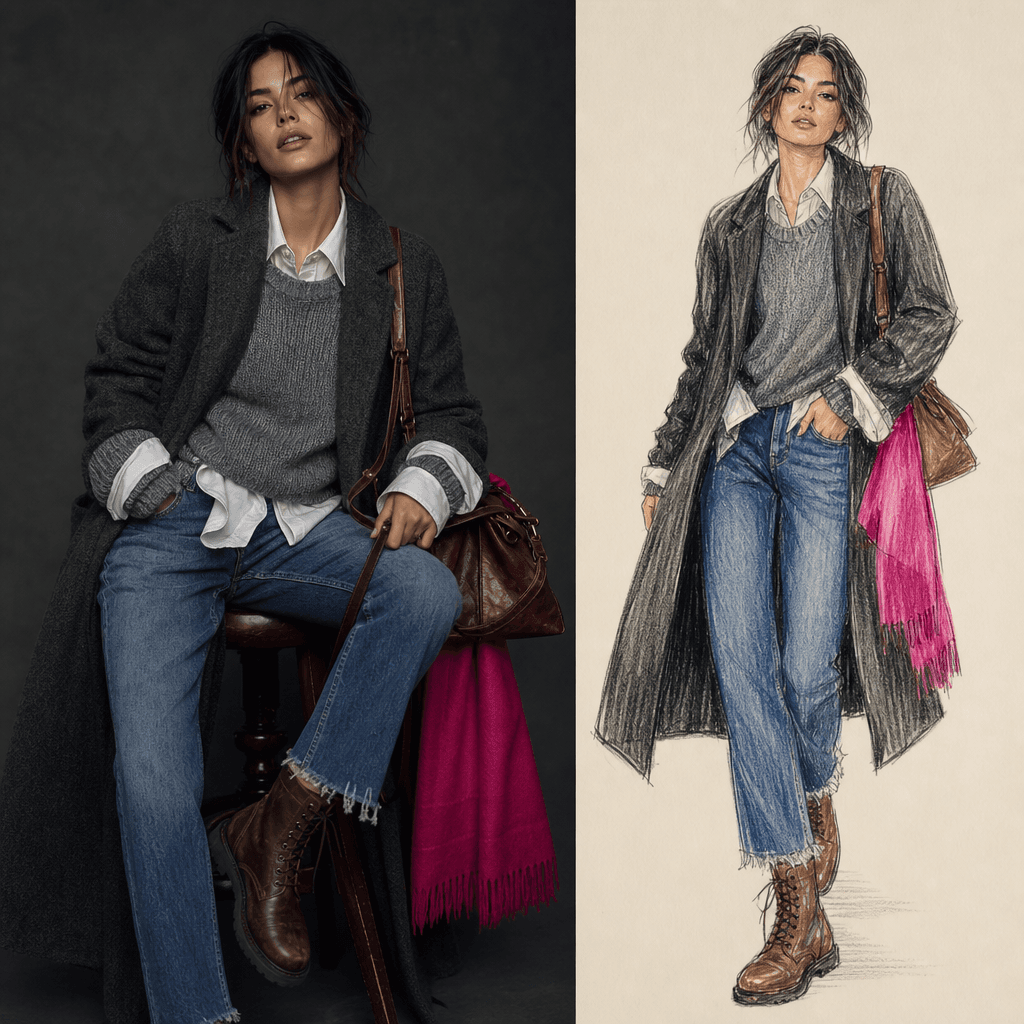 A casual layered outfit shown as a natural editorial photograph beside a colored-pencil fashion illustration. Denim, kni