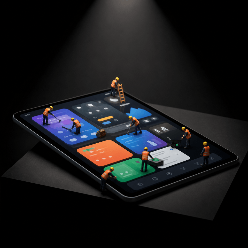 Dark editorial product photography, square crop. A tablet displaying a colorful mobile app on a sleek angled dark pedest