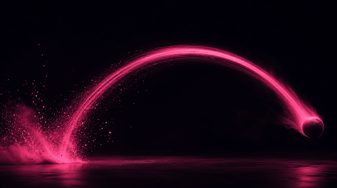 Abstract cinematic still: slow-motion light painting of a product's trajectory arc through dark space. A hot pink (#FE28