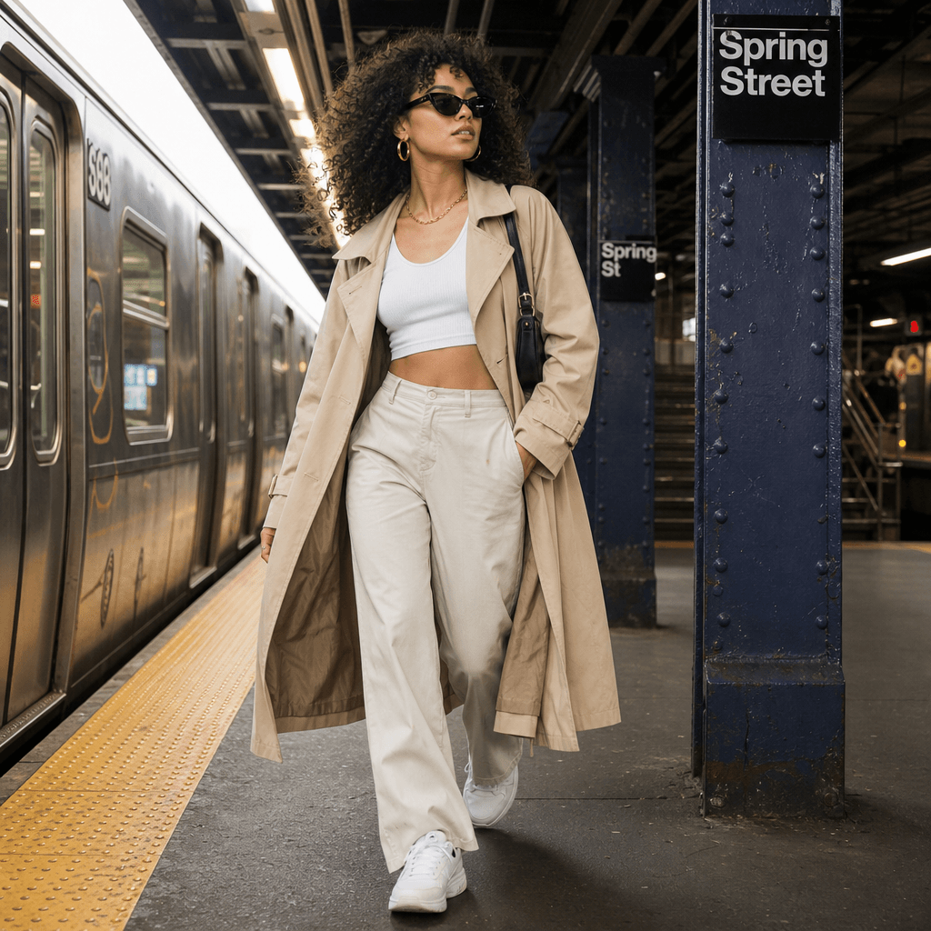 Dynamic walking pose in trendy subway photoshoot. Fashion-forward styling. Movement and energy visible. Urban location.