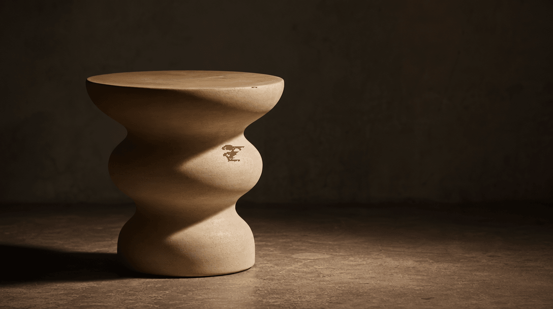 Cinematic product staging scene: a singular sculptural ceramic side table photographed alone in a dark studio, direction