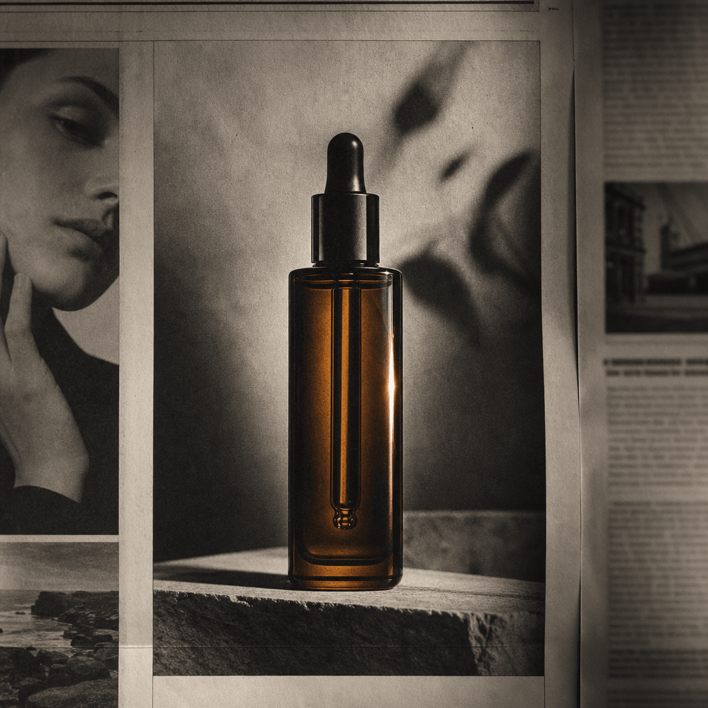 A tall amber glass skincare serum bottle set within a classic broadsheet newspaper ad composition. Black-and-white edito