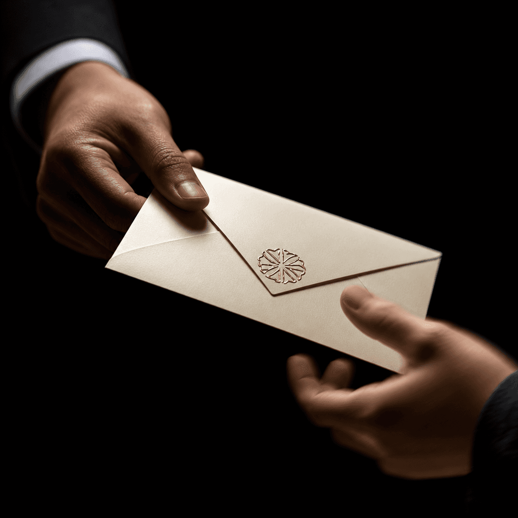 A branded cream envelope caught mid-transfer between hands with subtle motion blur on fingertips suggesting fluid moveme