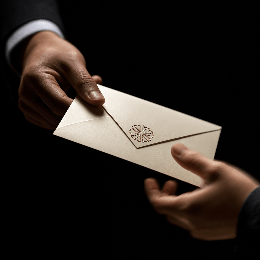 A branded cream envelope caught mid-transfer between hands with subtle motion blur on fingertips suggesting fluid moveme