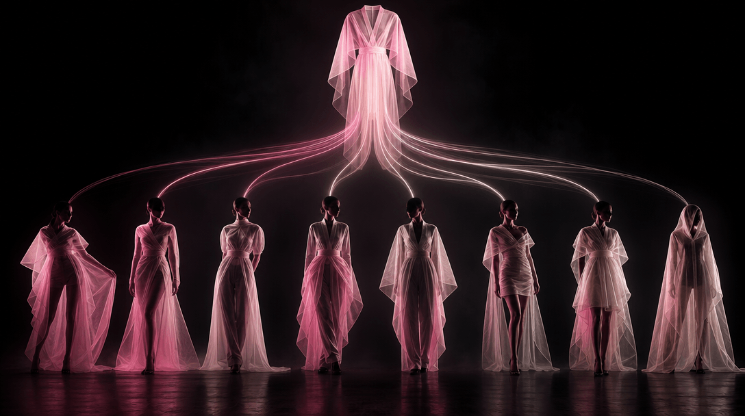 A sequence of distinct fashion silhouettes formed by layered translucent fabric and controlled light trails, all origina