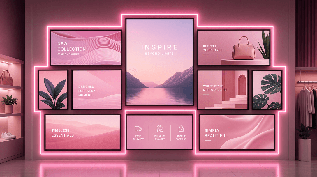 Multi-screen display layout composition. Abstract geometric arrangement of glowing screens showing placeholder content.