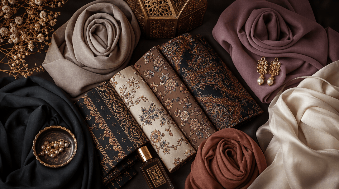 Artistic arrangement of modest fashion elements - folded hijabs, fabric patterns with cultural motifs, luxurious texture