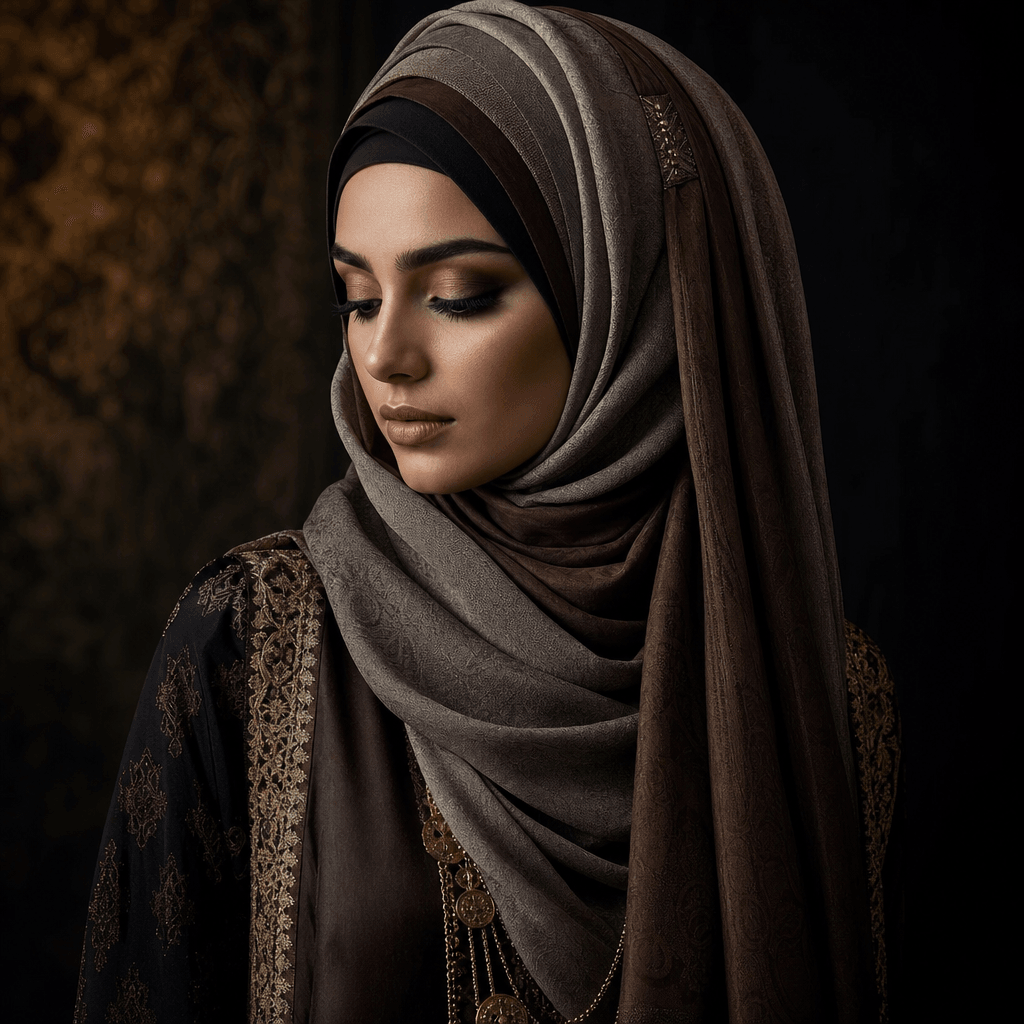 Artistic portrait showing layered modest fashion details - hijab fold patterns, textured fabric, metallic accents. Drama