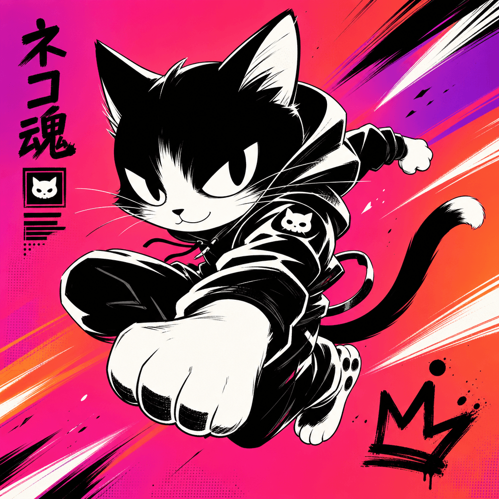 Black and white illustrated cat character in dynamic action pose leaping through frame against vibrant neon gradient bac
