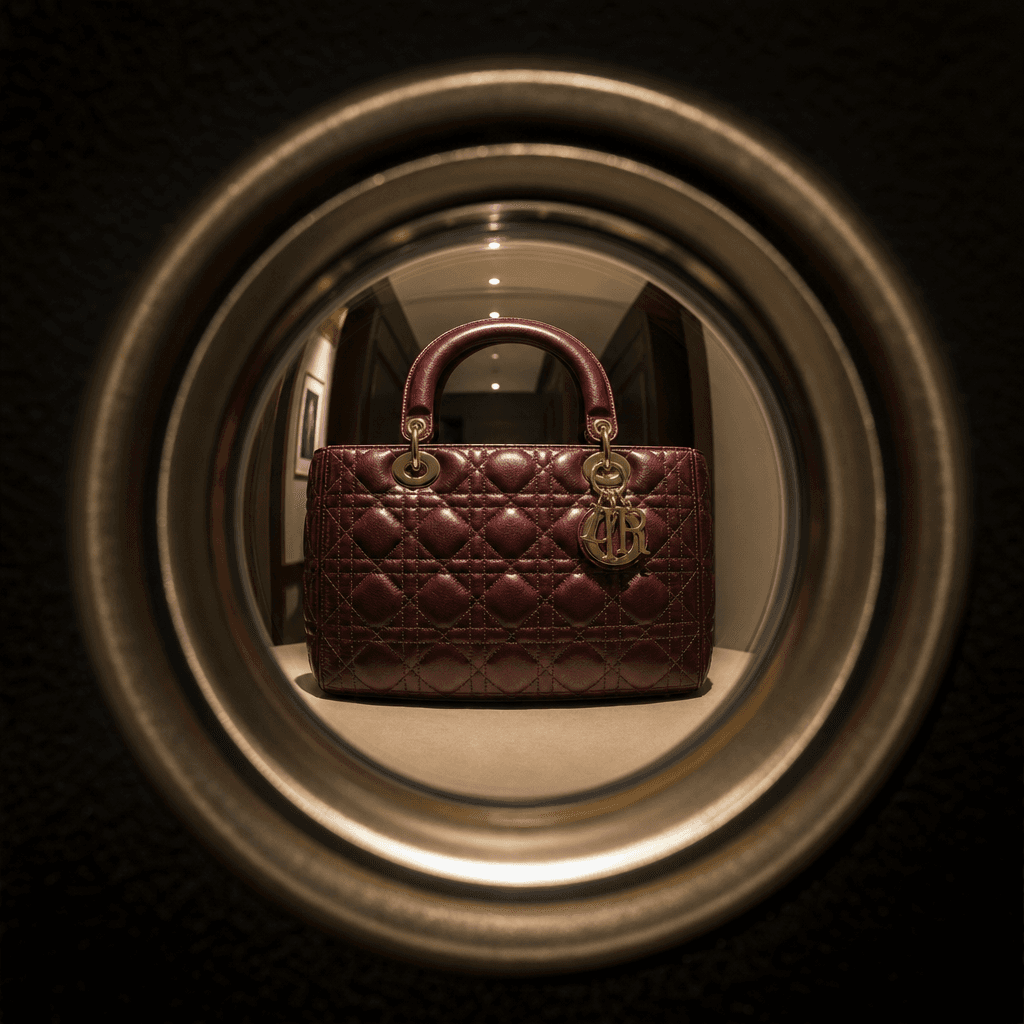 Designer handbag visible through fisheye door peephole frame, dark background, studio lighting on leather texture, high-