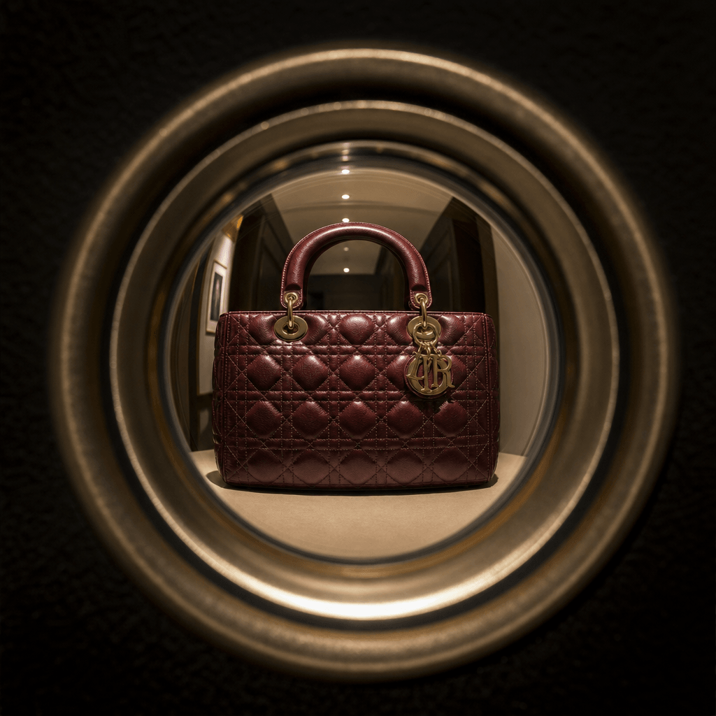 Designer handbag visible through fisheye door peephole frame, dark background, studio lighting on leather texture, high-