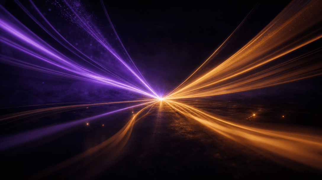 Abstract multi-model concept: multiple beams of light in deep violet and warm amber converging from separate directions