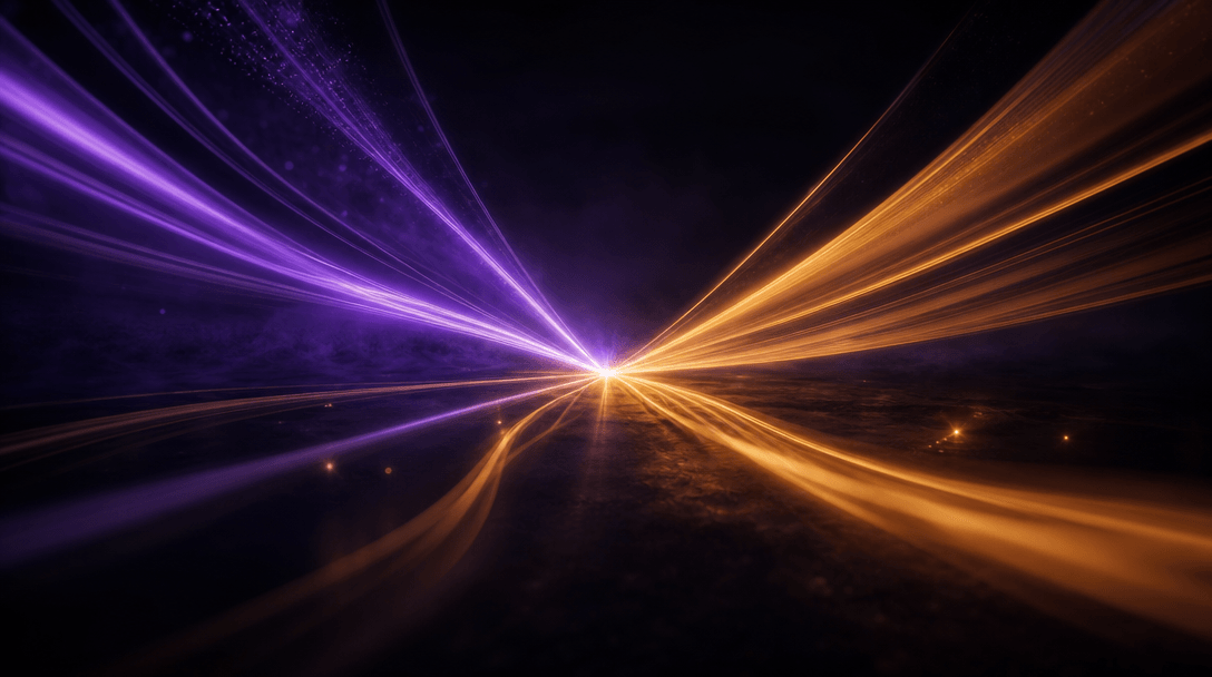 Abstract multi-model concept: multiple beams of light in deep violet and warm amber converging from separate directions