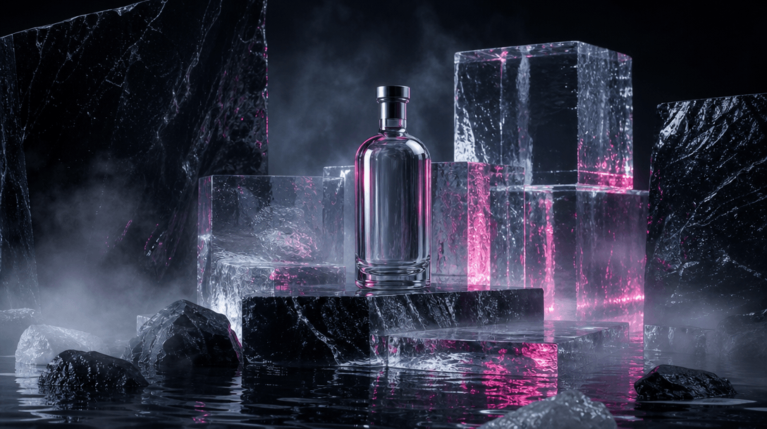 An abstract product-stage landscape constructed from transparent ice blocks, polished black stone, and shallow water, on