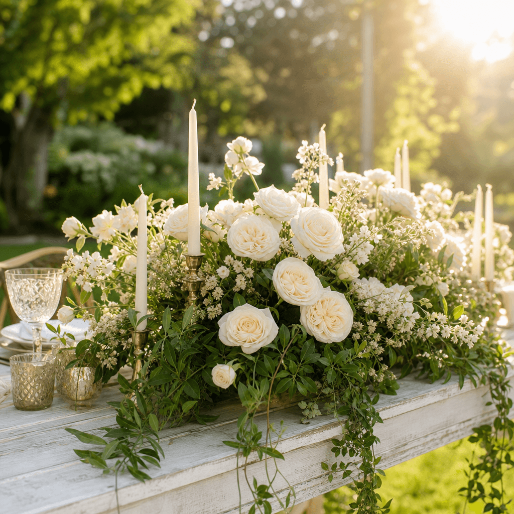 Sunlit outdoor scene: a lush garden-style wedding table centerpiece of ivory garden roses, trailing greenery, and tapere