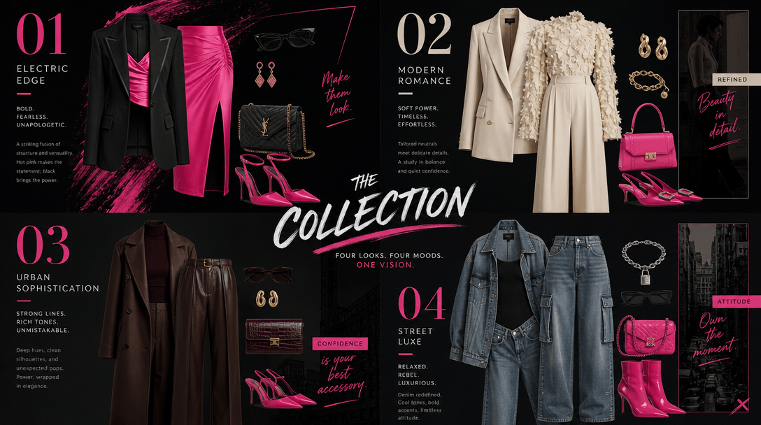 Digital fashion gallery inspiration: artistic dynamic grid layout showing four different luxury outfit variations arrang