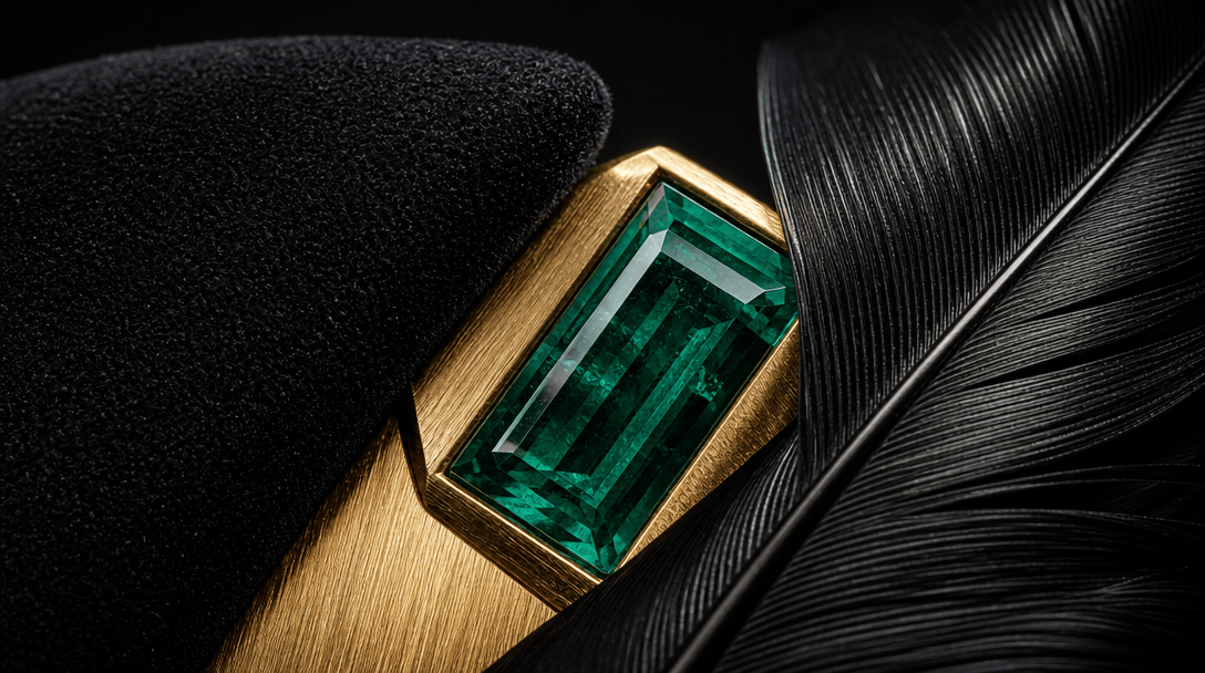 Extreme macro study of emerald facets, brushed gold, black velvet, and fine raven feathers intersecting in a sculptural