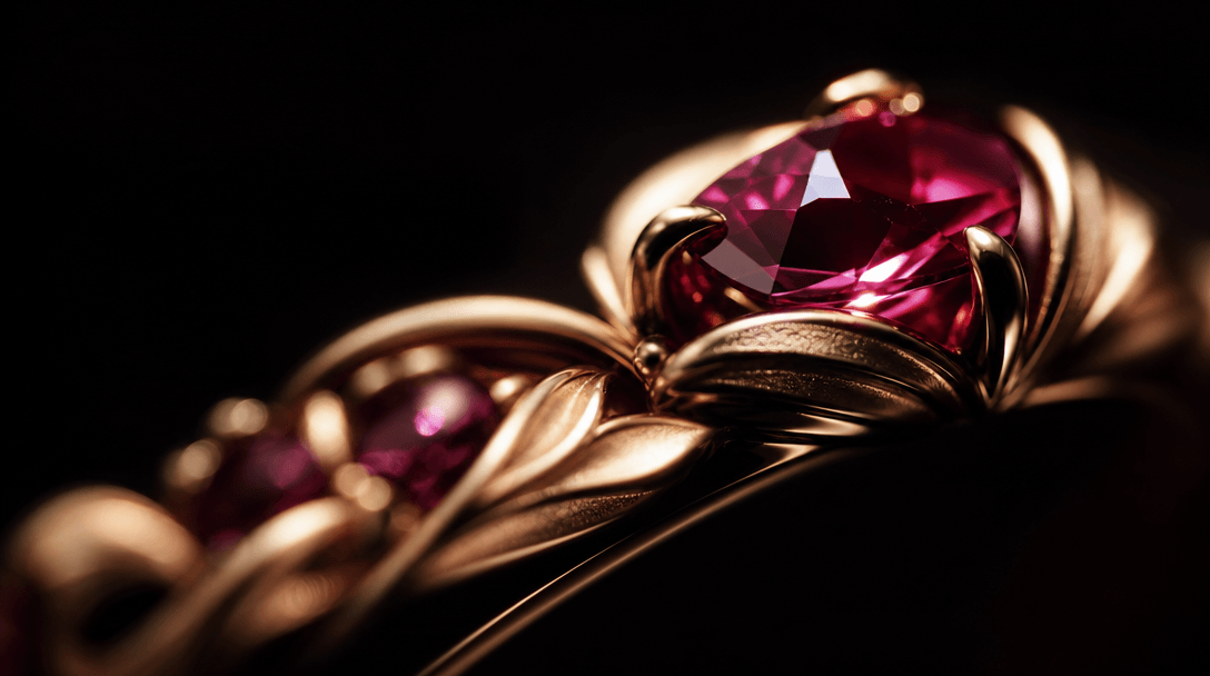 An extreme macro study of a gold ring's sculpted edge and gemstone facets rising from darkness, narrow beams of cinemati