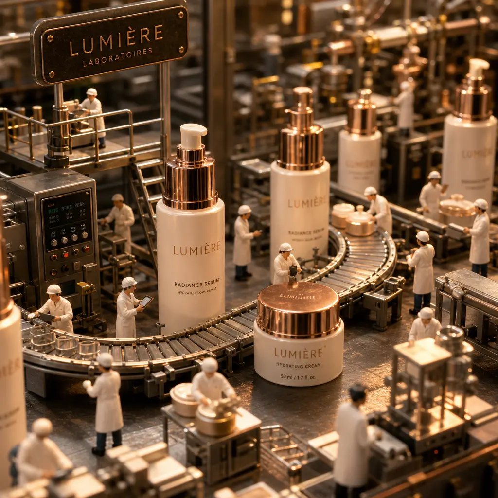 Miniature assembly line of beauty products with tiny figures, intricate macro detail, warm professional studio lighting,