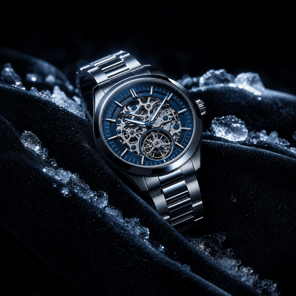 A luxury mechanical watch resting on dark velvet fabric with scattered fine ice crystals catching cold rim light, dramat