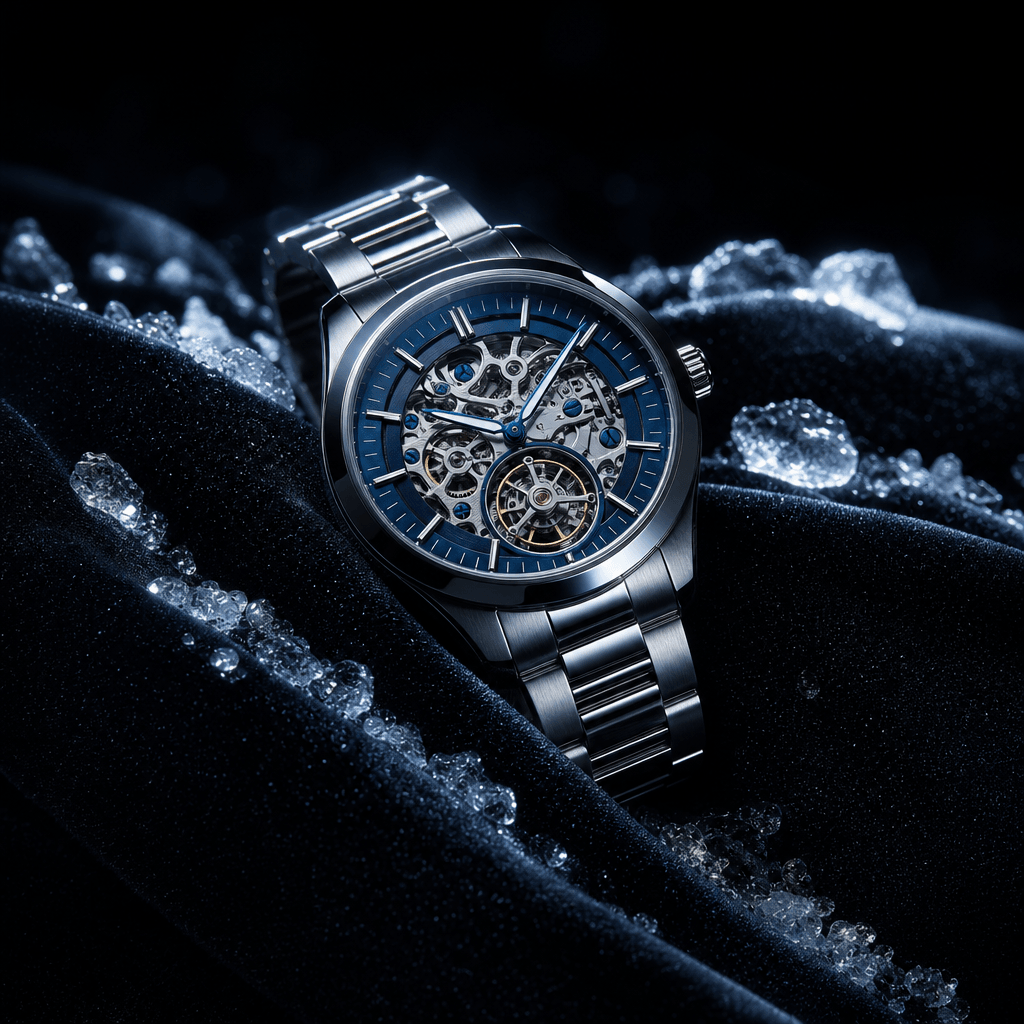 A luxury mechanical watch resting on dark velvet fabric with scattered fine ice crystals catching cold rim light, dramat