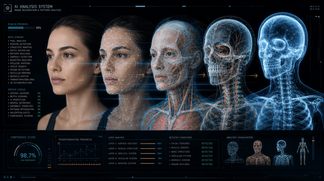 AI analysis concept: photo being scanned and analyzed, internal structures being detected and mapped, glowing lines reve