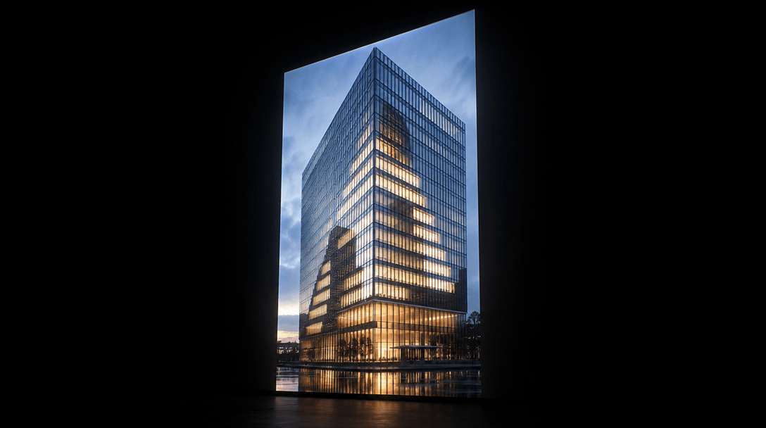 A large-format photorealistic architectural render of a glass tower displayed as a luminous panel suspended against deep