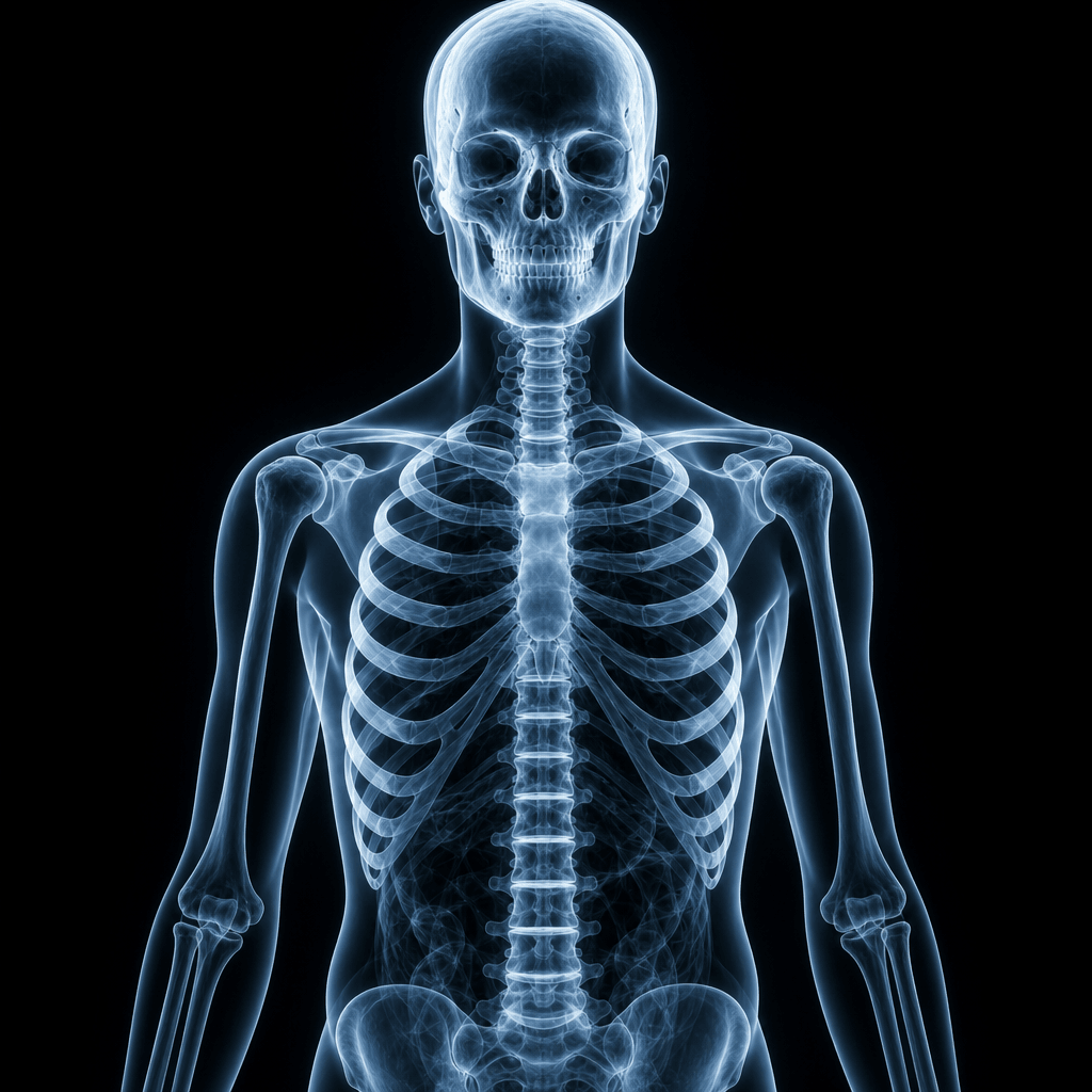 Human skeleton X-ray visualization in portrait format, realistic bone structure, glowing effect, semi-transparent tissue