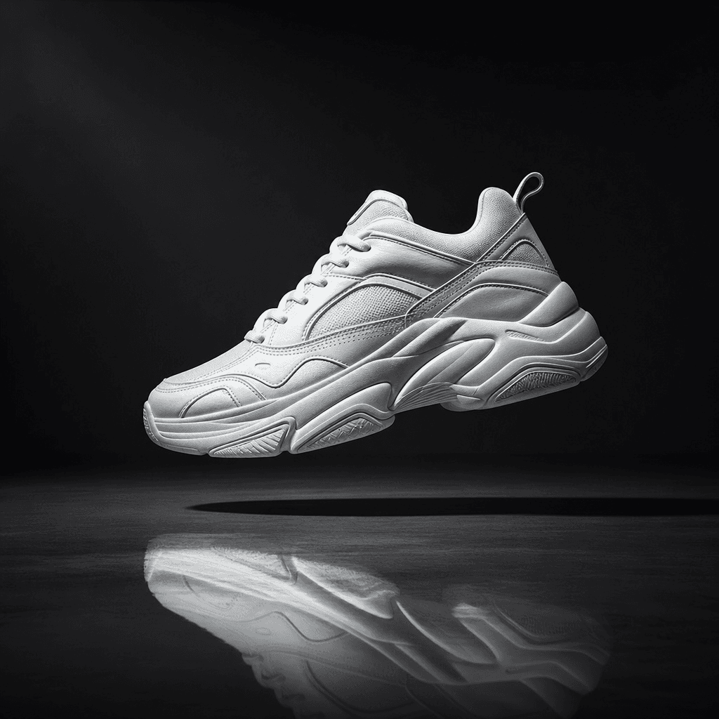 Oversized white sneaker floating in a dark minimalist studio space, side lighting creating dramatic highlight across the