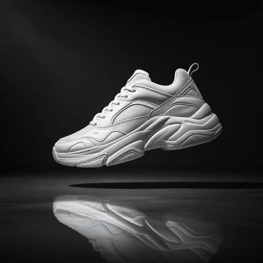 Oversized white sneaker floating in a dark minimalist studio space, side lighting creating dramatic highlight across the