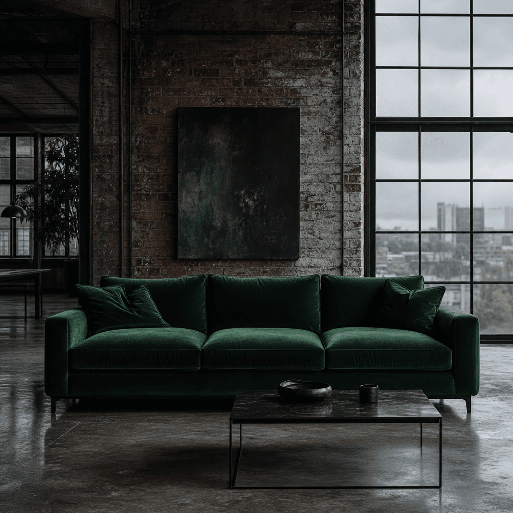 A deep forest-green velvet sofa in an industrial loft interior. Exposed brick wall behind it, polished concrete floor, l
