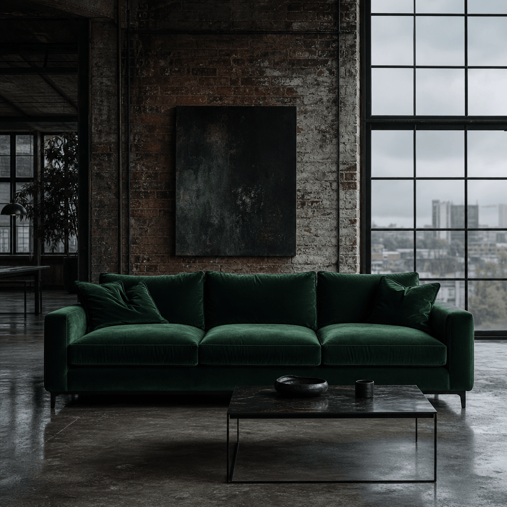 A deep forest-green velvet sofa in an industrial loft interior. Exposed brick wall behind it, polished concrete floor, l