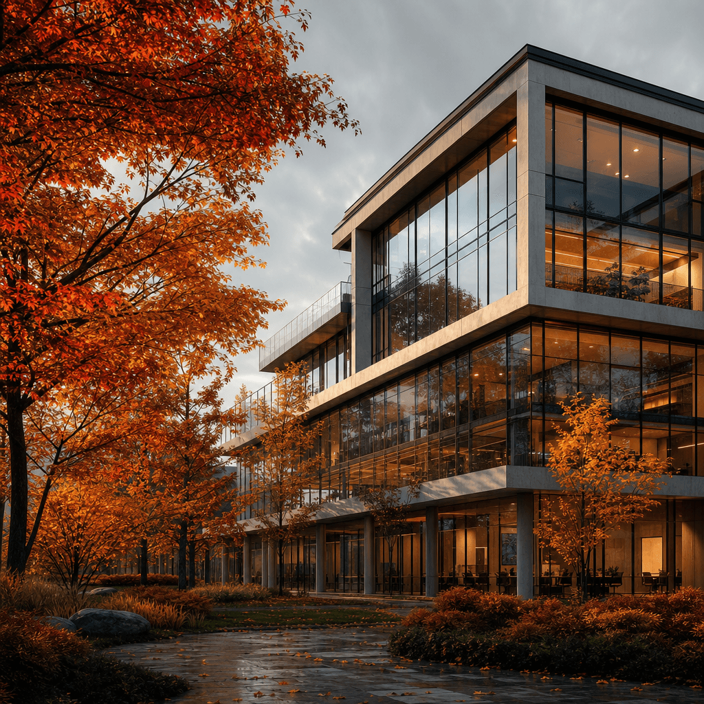 Photorealistic architectural render of a contemporary glass and concrete office building in peak autumn — trees covered
