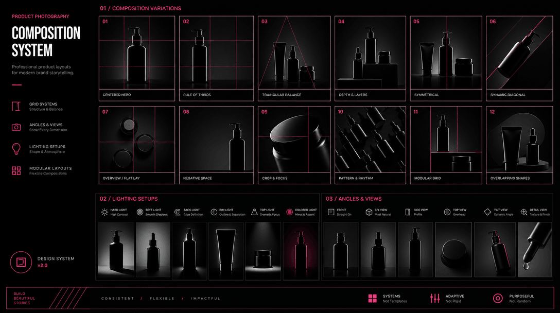 Abstract geometric grid showing multiple photography arrangement variations. Product silhouettes shifting through differ