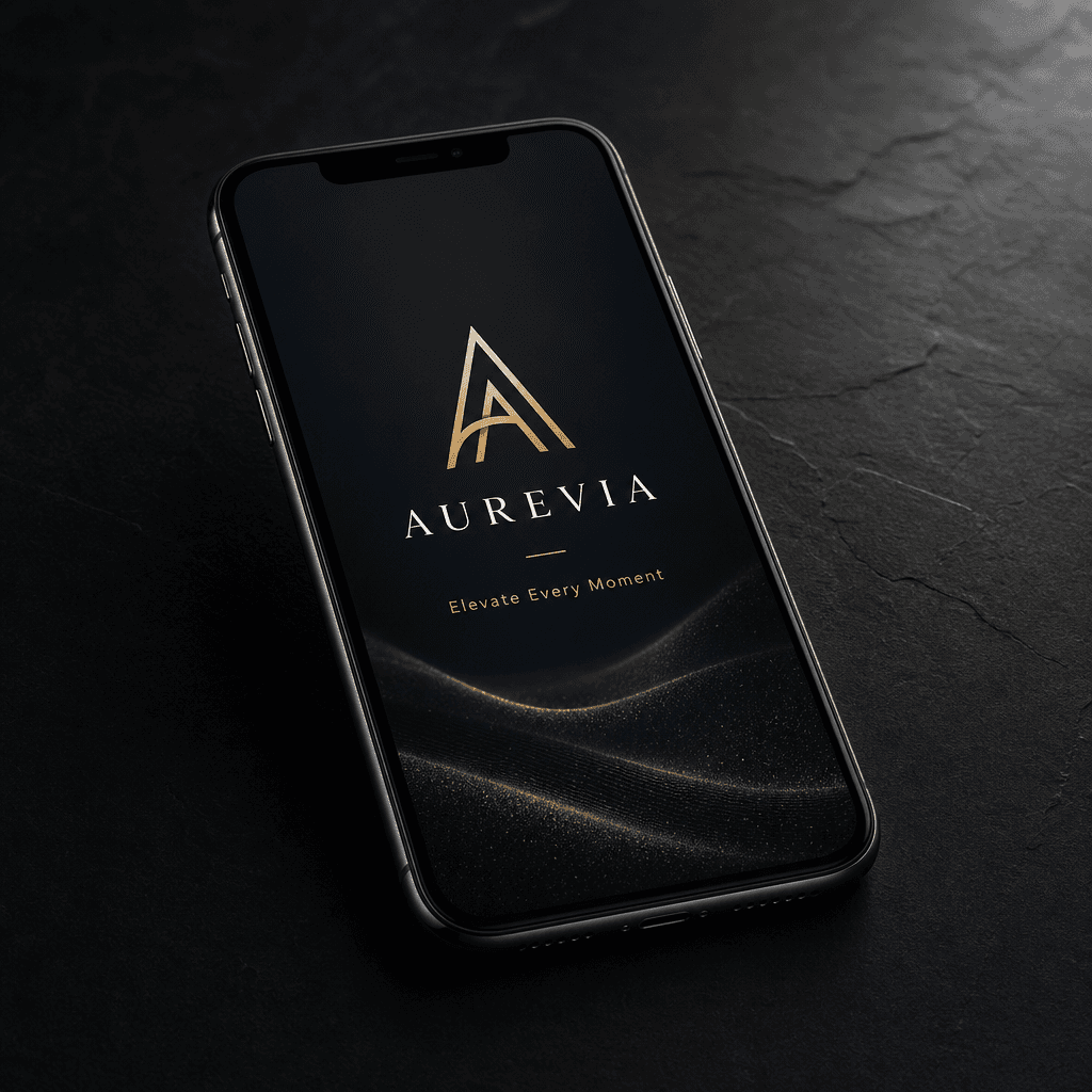 An elegant smartphone mockup featuring a logo and tagline. The mockup should be presented on a dark surface with dramati