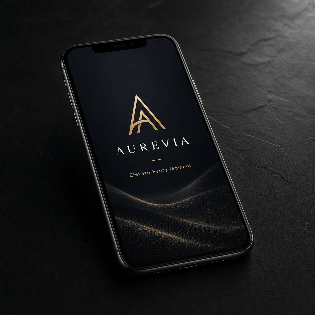An elegant smartphone mockup featuring a logo and tagline. The mockup should be presented on a dark surface with dramati