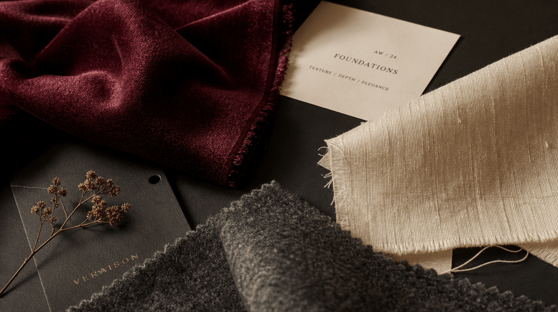 Fashion editorial mood composition: multiple fabric swatches and material samples — deep burgundy velvet, raw silk ivory
